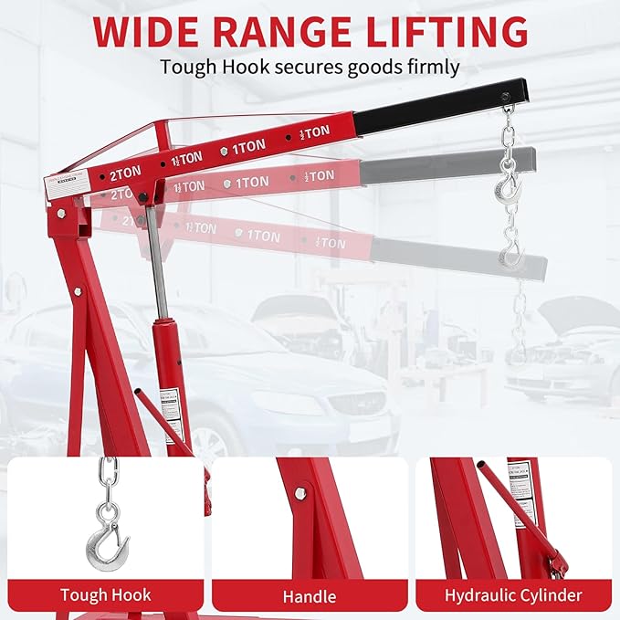 2-Ton Folding Engine Hoist Cherry Picker 4400 Lb Capacity Hydraulic Shop Crane with Telescoping Boom 6 Caster Wheels for Automotive Repair