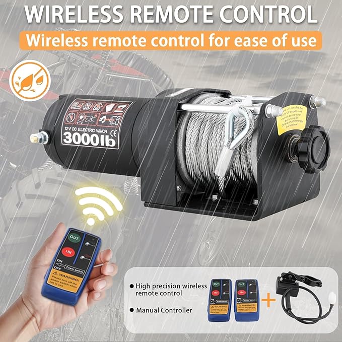 3000LBS Recovery Winch with Steel Rope and 2 Wireless Remotes Waterproof 12V Electric Winch for ATV/UTV,Boat Trailer Winch(Black)