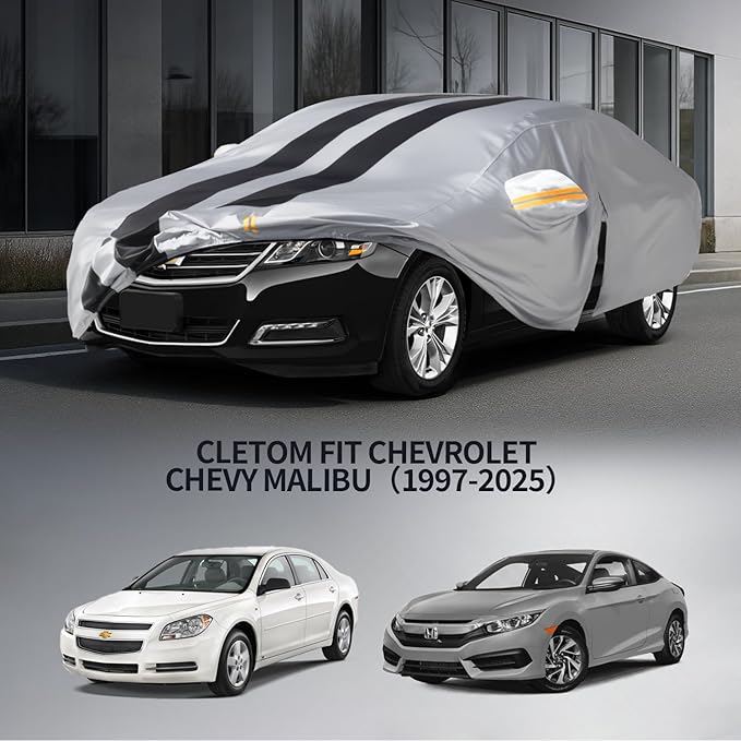 10 Layers Sedan Car Cover Custom Fit for Chevy Malibu(1997-2025), 100% Waterproof All Weather for Automobiles, Gift with Towel, Heavy Duty Car Covers for Rain Sun UV Protection with Door Zipper.