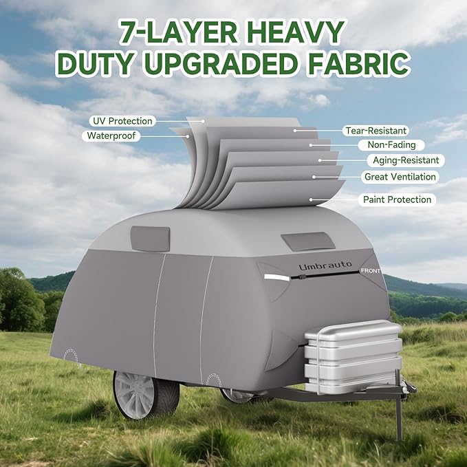 Umbrauto Teardrop Travel Trailer Cover Fits 5'-8' Trailers, 7 Layers Top Heavy Duty Waterproof Camper Cover with Windproof Strap for R-Pod Trailers, Clamshell Trailers