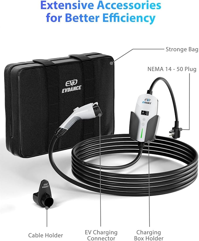 Level 2 EV Charger, 40A, 240V 9.6kW Portable Electric Vehicle Charging Station, NEMA 14-50 Plug, 25ft Cable, Adjustable Current & Timing Delay, J1772 Connector for BEVs/PHEVs