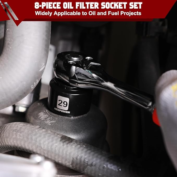 MIXPOWER 8 Pieces 3/8" Drive Low Profile Oil Filter Socket Set, 24mm, 27mm, 28mm, 29mm, 30mm, 32mm, 36mm, 38mm, Oil Filter Cap Remover and Installer Tool Set