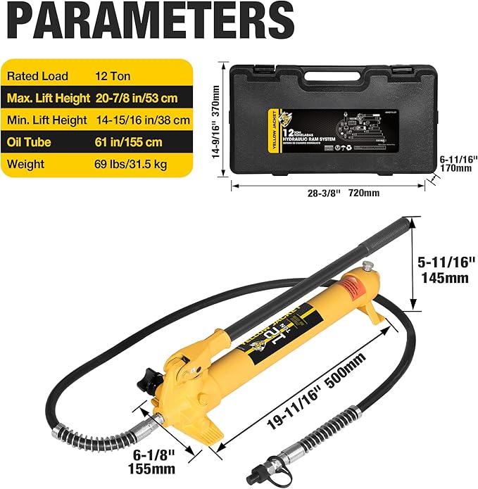 YELLOW JACKET 12 ton Porta Power Kit Hydraulic Ram Jack Pusher Puller Auto Body Frame Repair Tool with Blow Mold Carrying Storage Case for Car Repair,Truck,Farm