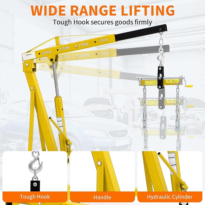 2 Ton Folding Hydraulic Engine Hoist with Load Leveler 4400 LBS Capacity Heavy Duty Cherry Picker 6 Swivel Wheels&Hydraulic Pump Adjustable Boom (0.5T-2T) for Garage Workshop Warehouse Yellow