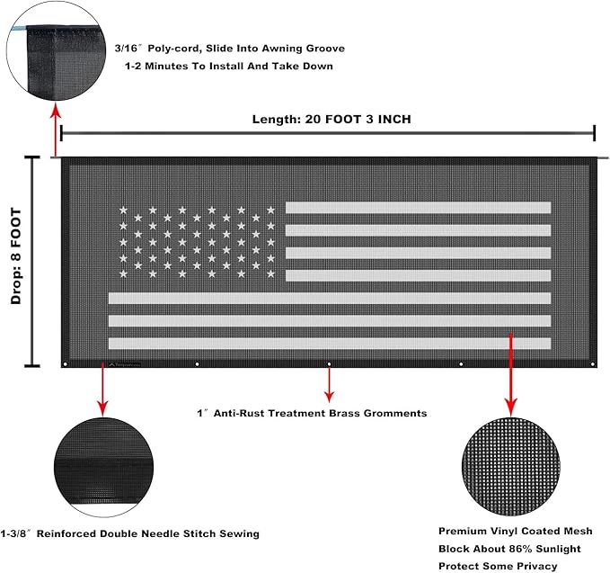 Tentproinc RV Awning Sun Shade Screen 8' X 20' 3'' (American Flag) Black Mesh Sunshade Camper Trailer Awning Shade Screen UV Blocker Completed Kits