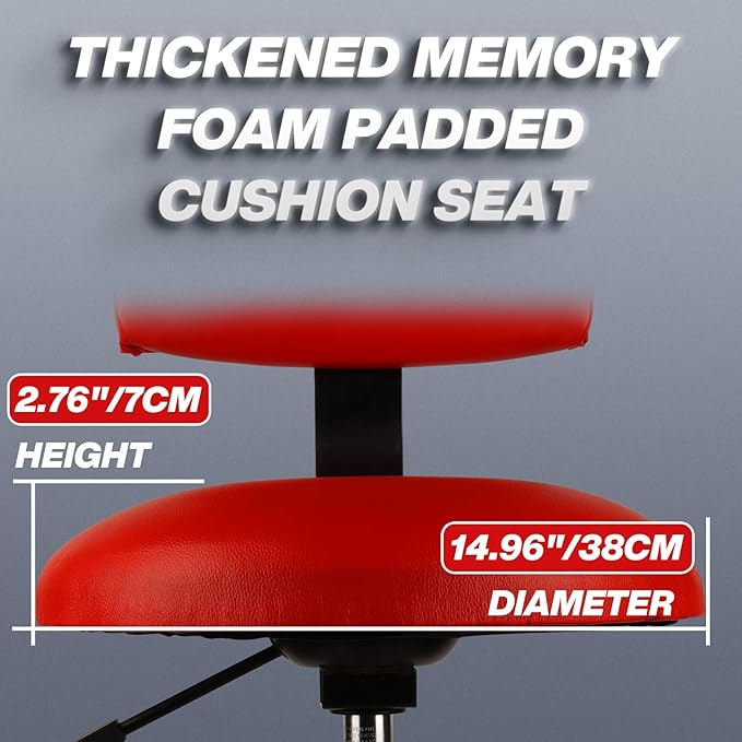 Shop Stool with Backrest, Mechanic Garage Stool for Workshop, Adjustable Shop Stools Chair, Padded Workbench Stools for Men Women, 300 LBS Capacity, 360° Swivel PVC Seat, Heavy Duty, Red