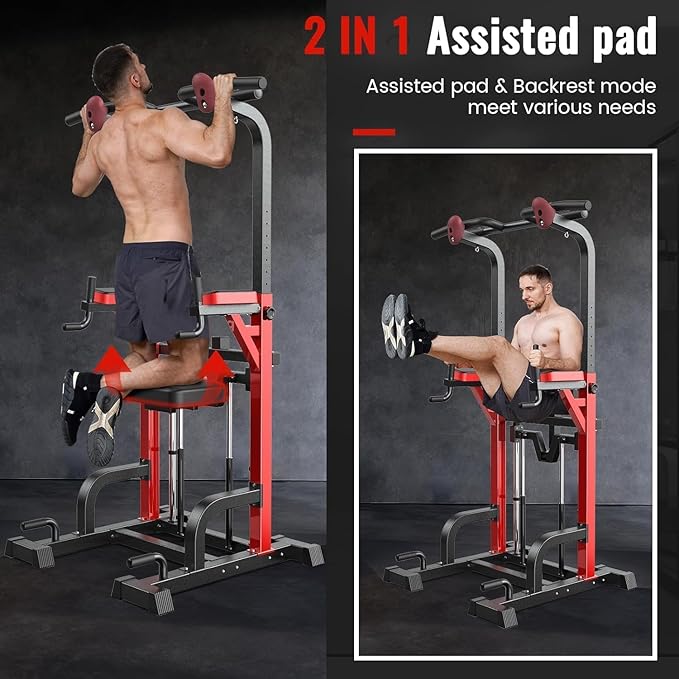 Power Tower Dip Station Pull Up Bar for Fitness Home Gym Workout,Multi-Function Adjustable Height Fitness Strength Training Exercise Equipment,with Power Elastic Ropes (Red Black)