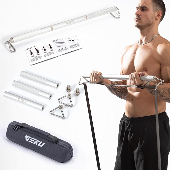 Aluminum Resistance Band Bar, 3-Section Detachable Heavy Duty Workout Bar for Resistance Band Exercises, Strength Training, and Home Gym (Metal Bar-Enlarged Hooks)