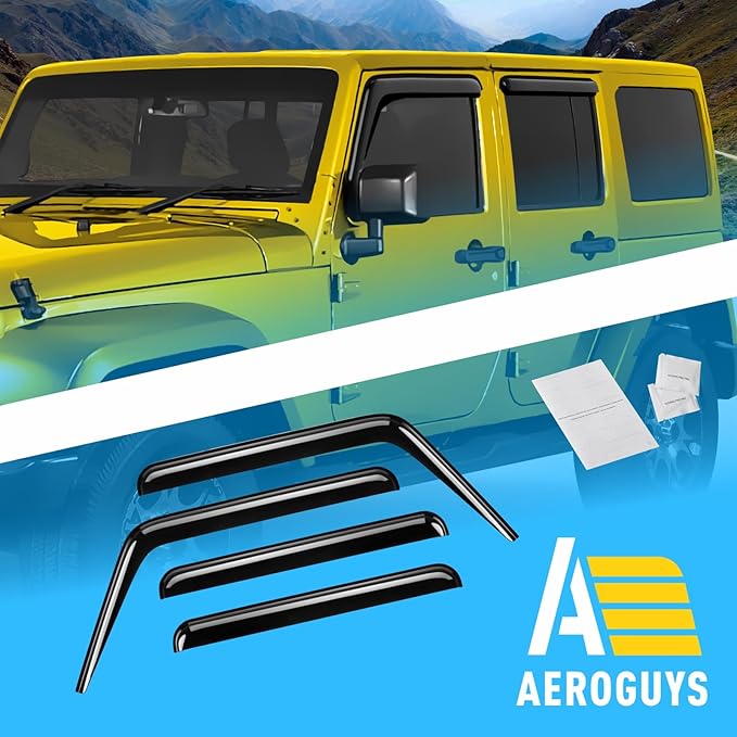 Extra Durable Window Deflectors Tape-On Window Visors Rain Guards Fit for Jeep Wrangler JK 2007-2018, Sun Visors, Wind Vent for Shades, Exterior Car Accessories - 4pcs. AG0083