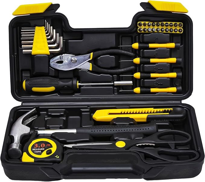 39 Piece Tool Set General Household Tool Kit - Basic Home Tool Set Small Hand Tool Kit with Plastic Toolbox Storage Case for Home Garage Office College Dormitory Use Yellow