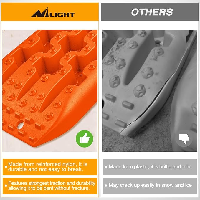 Nilight Recovery Off-road Traction Boards Emergency Tire Mats For 4WD 4X4 Mud Sand Snow with 2PCS Mounting kit Zipper Bag 2 leashes (Orange)