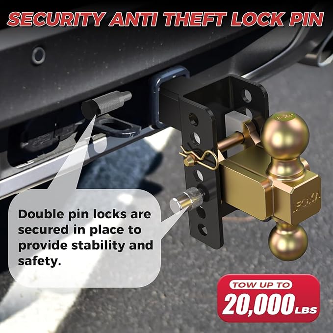 Adjustable Trailer Hitch, 4 Inch Drop Hitch Ball Mount, 20,000 LBS GTW, 2" & 2-5/16" Ball Hitch, Tow Hitch for Heavy Duty Truck with Double Hitch Locks and Pin, Solid Shank (2 Inch Receiver)