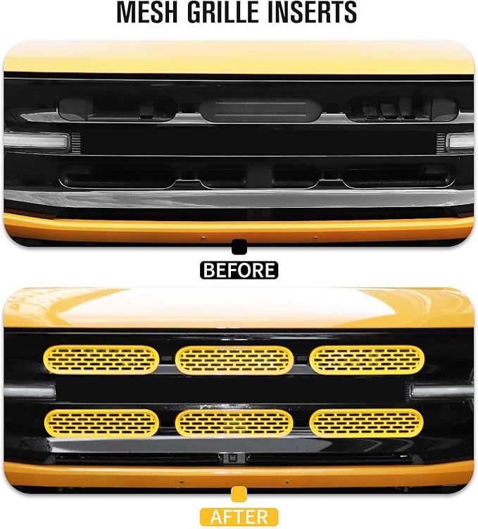 Jimen Compatible with Ford Bronco 2021-2023, 6PCS Front Grille Inserts Mesh Grill Cover Exterior Trim Accessories (Yellow)