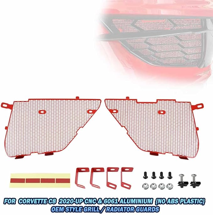 2Pcs Red Upgraded Front Radiator Guards Grille,Aluminum Front Outer Grill Low Profile Body Bumper Grille Vents Insert Mesh Set for Corvette C8 Stingray Z51 Convertible/HTC 2020-2025