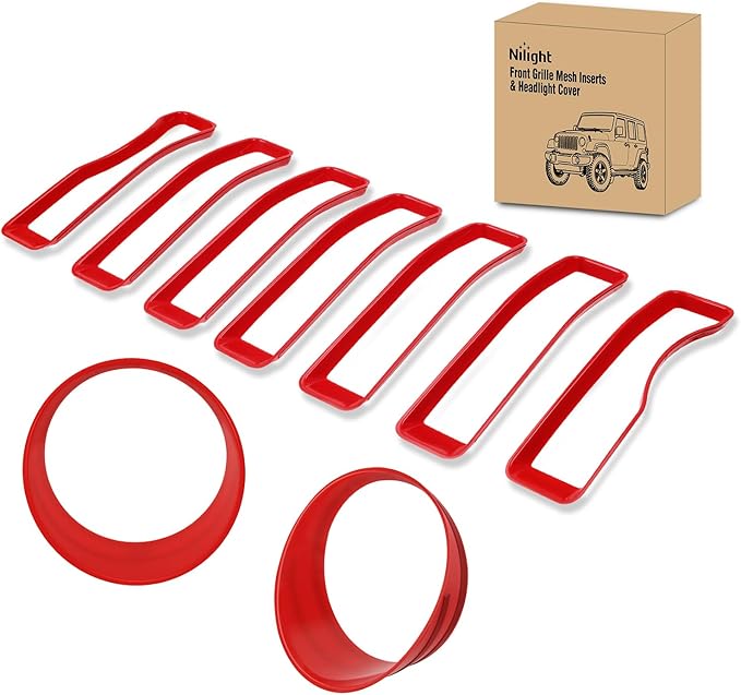 Nilight Grill Inserts fit for Jeep Wrangler Front Grille Inserts Headlight Cover Set for JL JLU Unlimited Sport SportS 2018 2019 2020 2021 2022 2023 Grille Bezels Trim Exterior Accessories Red 9 Pcs