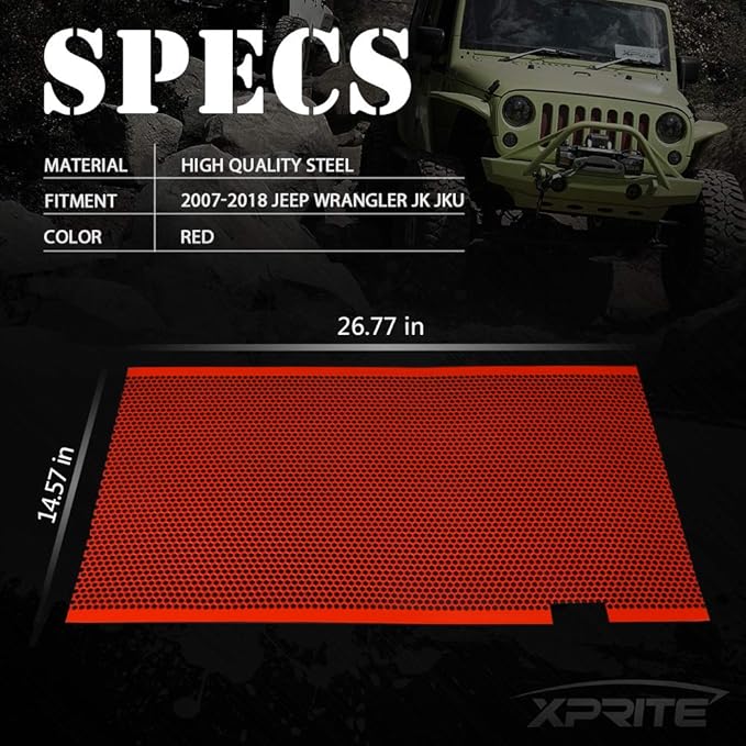 Xprite Red Aluminum Alloy Mesh Grill Inserts Compatible with 2007-2018 Jeep Wrangler JK JKU Original Front Hood Matte Grille Grid