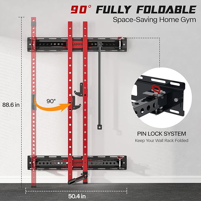 Folding Squat Cage Wall Mounted, 1100 LBS Foldable Squat Power Rack Weight Cage with Pull Up Bar, J-Cups, Landmine and Partable Space Saving Standing for Home Gym Garage Workout