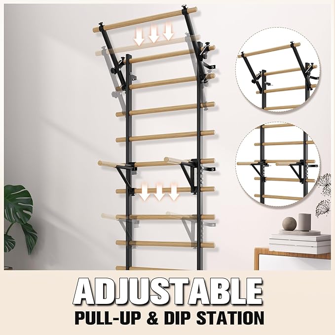 Swedish Ladder Wall Gym, Stall Bar Home Gym with Adjustable Pull-Up Bar, Dip Bar Attachments & 2pcs Resistance Band, 9 Strategic Rods for Core Strengthening and Stretching Balanced for Body Exercise