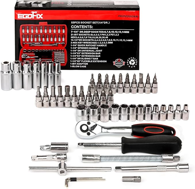Egofine 53 Pieces 1/4 inch Drive Socket Ratchet Wrench Set with 72 Tooth Reversible Ratchet, with Bit Socket Set and Extension Bar for Auto Repairing and Household, with Storage Case