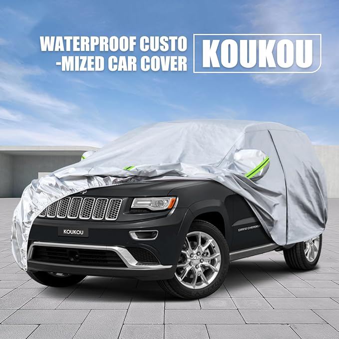 Koukou SUV Car Cover Custom Fit Jeep Cherokee from 2013 to 2025, Waterproof Car Cover All Weather for Automobiles Outdoor Indoor with Zipper Door, Sun Rain Dust Snow Protection.