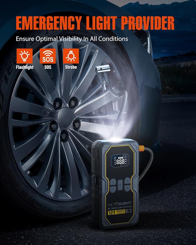 NOVSIGHT Jump Starter with Air Compressor - 6250A Portable Battery Jump Starter for Car(5L Gas/3L Diesel) 12V Car Jump Box & 150PSI Auto-Shut Tire Inflator with Carrying Case(Yellow)