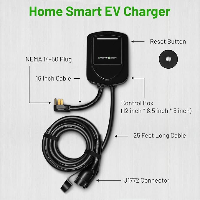 SBB Home Smart Level 2 EV Charger up to 40Amp, 240V Indoor/Outdoor Fast Car Charging Station with App, 25 ft Wi-Fi Enabled EVSE, NEMA 14-50 Plug Electric Car Charger Compatible with All EV Models