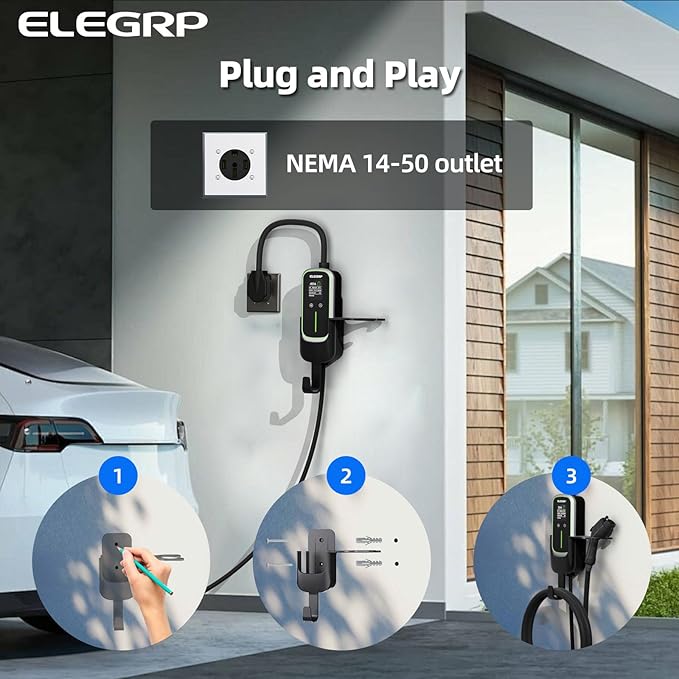 ELEGRP Level 2 EV Charger 40 Amp, Home & Portable Electric Car Charging Station with 16FT J1772 Charger and NEMA 14-50 Plug, 9.6kW for BEVs & PHEVs, ETL Certified PBE & LCR Tech