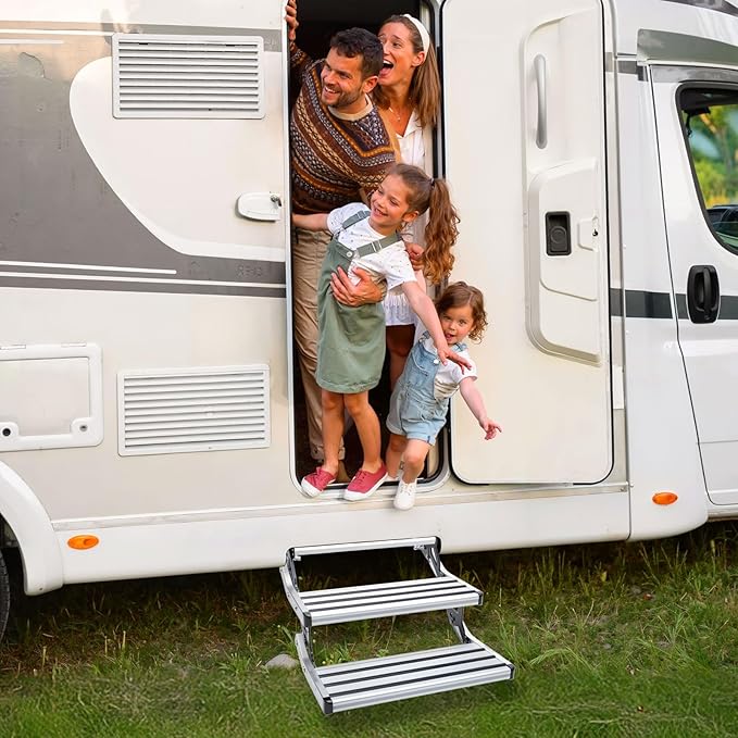 Electric Retractable RV Steps with LED Light, 2-Step, 400 LBS Load Capacity, Foldable Aluminum Alloy Camper Steps, Thickened Steel Plate Trailer Steps, Non-Slip Design, Ideal for RV, Trailer, Camper