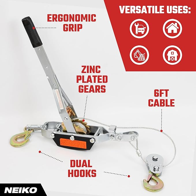 NEIKO 02253A Come Along Winch, 3-Ton (6,000 Lbs) Pulling Capacity, 9.8Ft, 2 Hook, Heavy Duty Power Cable Come Along Tool with Dual Gears, Hand Winch Cable, Automotive Hoist Winch Puller, Recovery Gear
