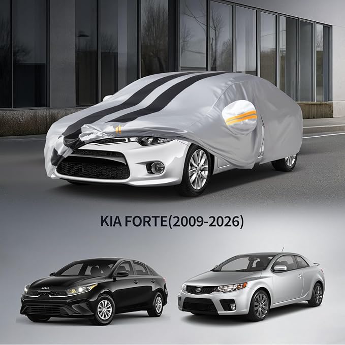 10 Layers Car Cover Custom Fit for Kia Forte 2009-2026 100% Waterproof All Weather Automobiles, Gift with Towel, Heavy Duty Car Covers for Rain Sun UV Protection with Door Zipper.