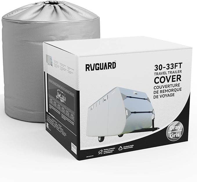 RVGUARD RV Cover, Travel Trailer Cover fits for 30' - 33' RV, 6 Layers Anti-UV Waterproof Camper Cover, with Tongue Jack Cover and Storage Bag, Grey