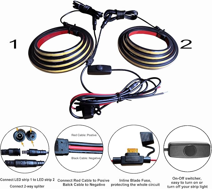 2Pcs 60Inch Truck Bed Lights, Waterproof 12V COB LED Lights Strip (6500K White Lighting) with Switch Blade Fuse Splitter, Cool Accessories for Pickup Truck Camper Van SUV RV Boat