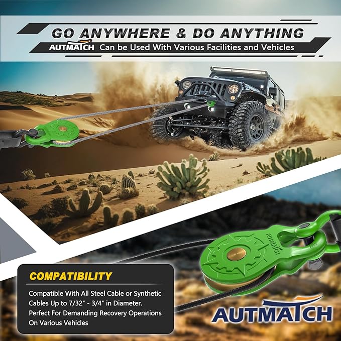 AUTMATCH Winch Snatch Block 18 Ton - Winch Pulley (79,366 Lbs) Break Strength, Heavy Duty Off Road Recovery Towing Pulley Blocks for Synthetic Rope or Steel Cable, Truck, UTV, ATV, Green