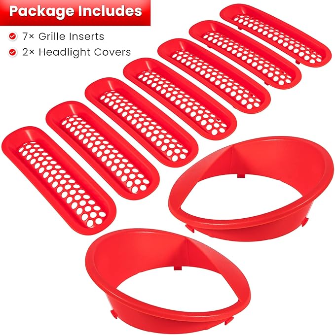 Front Grille Mesh Inserts & Headlight Cover for Jeep Wrangler JK JKU Sport Freedom Rubicon Sahara Unlimited 2007-2018 Exterior Accessories Clip-in Grille Guard Headlight Bezels Trim (Matte Red)