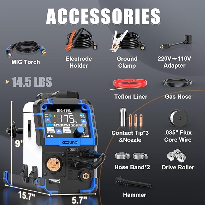 AZZUNO Aluminum MIG Welder 175Amp, 110V/220V Dual Vlotage 5 in 1 Gas MAG/Aluminum MIG/Gasless Flux Core Welder/Stick/Lift TIG Welding Machine, Wire Feed Welder Machine with Semi-enclosed Structure