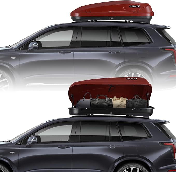 Red Rooftop Cargo Box Carrier Large 13 Cubic Feet Car Top Mount Travel Luggage Storage, Dual Side Opening, Roof Cargo Boxes Waterproof Rooftop Storage Box Extra Keys, Straps