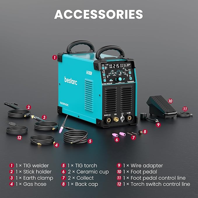 bestarc TIG Welder AC/DC, 215Amp Aluminum TIG Welder with Pulse TIG, 110V/220V Dual Voltage TIG Welding Machine with DC TIG/AC TIG/Pulse TIG/Stick Welding