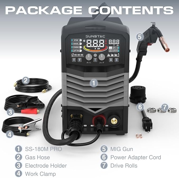 MIG Welder, 180A 110V/220V Gas MIG/Gasless MIG/Lift TIG/Stick 4 in 1 MIG Welding Machine, MIG with IGBT Inverter Synergic Control, Digital Screen Display and Over Loading Protection