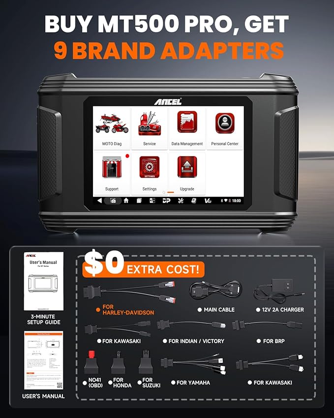 ANCEL MT500 PRO Motorcycle Scanner, Full-System OBD2 Diagnostic Tool with Quick Service Resets & Advanced Programming, Fits for Harley, Honda, Yamaha, Indian, Kawasaki, Suzuki, Polaris, BRP, Victory