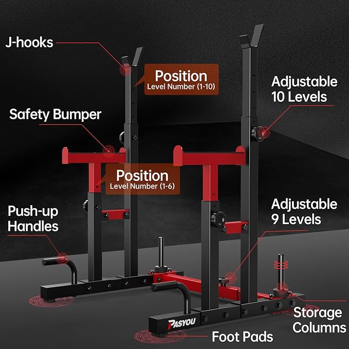 PASYOU Adjustable Squat Rack, Heavy-Duty Gym Rack Stand, Multi-Function Weight Rack Stand with Spotters, Push Up Portable Strength Training Dumbbell Rack, Max Load 550lbs