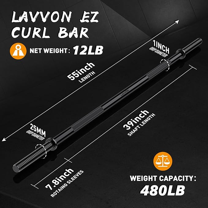 55" Weight Lifting Bar, 1" Standard Straight Barbell Bars for Weight lifting, Olympic Barbell Bar for Bench Press/Hip Thrusts/Squats/Lunges for Gym and Home, 2 Star Star-nuts (480lb Weight Capacity)
