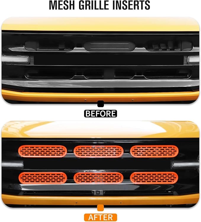 Jimen Compatible with Ford Bronco 2021-2023, 6PCS Front Grille Inserts Mesh Grill Cover Exterior Trim Accessories (Orange)