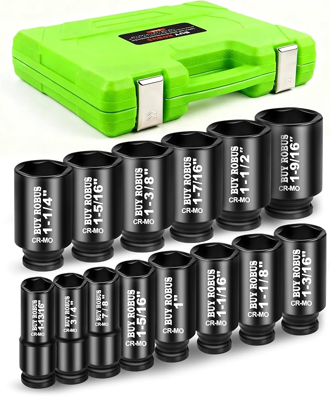 3/4 inch Drive Impact Socket Set, 14 Piece Heavy Duty CR-MO Deep and Jumbo Sockets 6 Point Design, SAE 3/4" to 1-9/16", for Large Vehicle and Apparatus Maintenance
