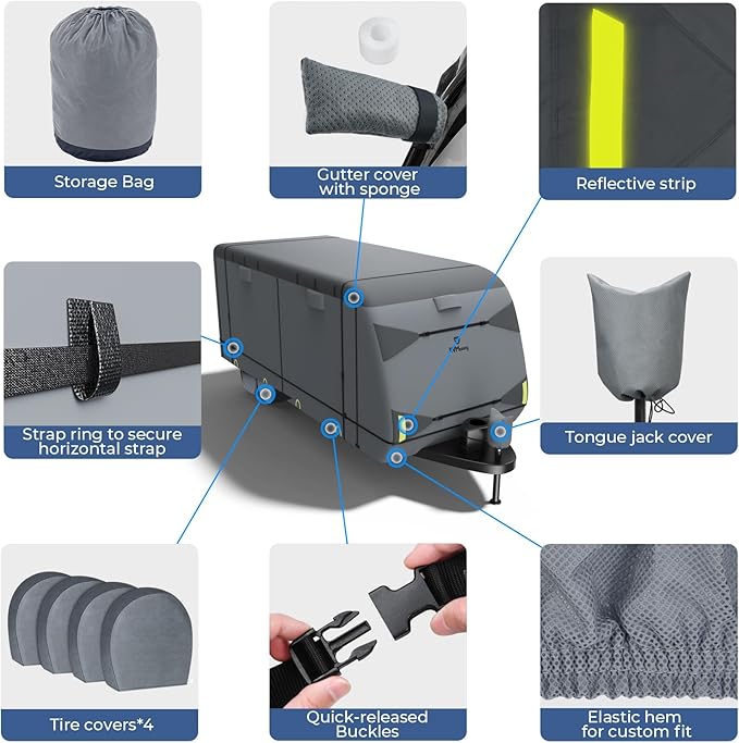 RVMasking Travel Trailer RV Cover 15-18ft, 7 Layers Extra-Thick Camper Cover Waterproof Windproof for Toy Hauler with 4 Tire Covers & Tongue Jack Cover & Propane Tank Cover, Dark Gray