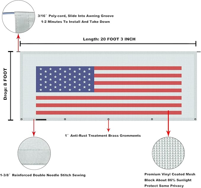 Tentproinc RV Awning Sun Shade Screen 8' X 20' 3'' (American Flag) Gray Mesh Sunshade Camper Trailer Awning Shade Screen UV Blocker Completed Kits