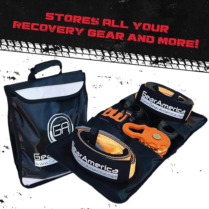GearAmerica Off Road Recovery Kit, 25 Ton, Includes Tow Strap, Tree Saver, Mega Snatch Block Pulley, D-Ring Shackles, Winch Line Dampener Bag, Gloves - Off Road Recovery Gear, 4x4, Black