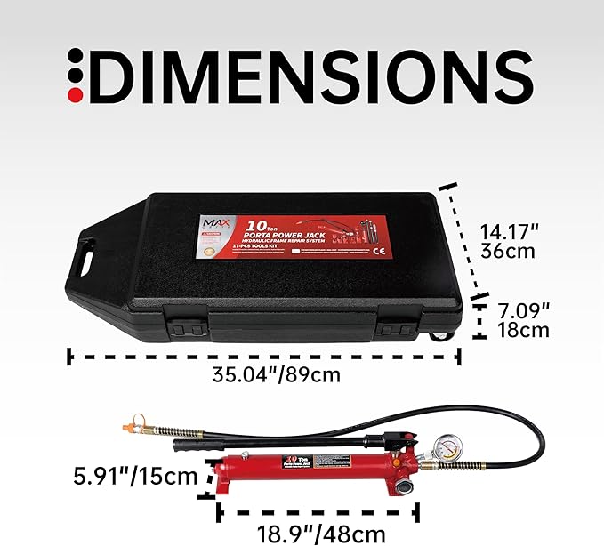 10 Ton (20,000 lbs Capacity) Porta Power Jack Hydraulic Ram Auto Body Frame Collision Repair Kit Set, 17-Pcs, with Blow Mold Carrying Case and Gauge