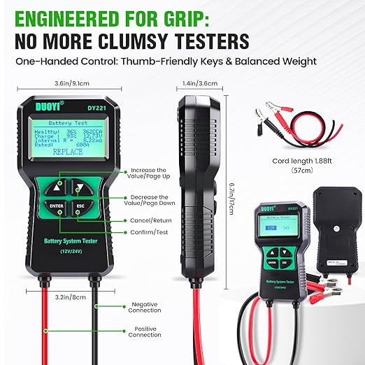 DUOYI DY221 Car Battery Tester, 12V 24V Digital Automotive Alternator Meter Diagnostic Tool,100-2000 CCA Load Capacity, Charging & Cranking Analyzer for Cars, Trucks, Motorcycles, Vans, RVs, Boats...
