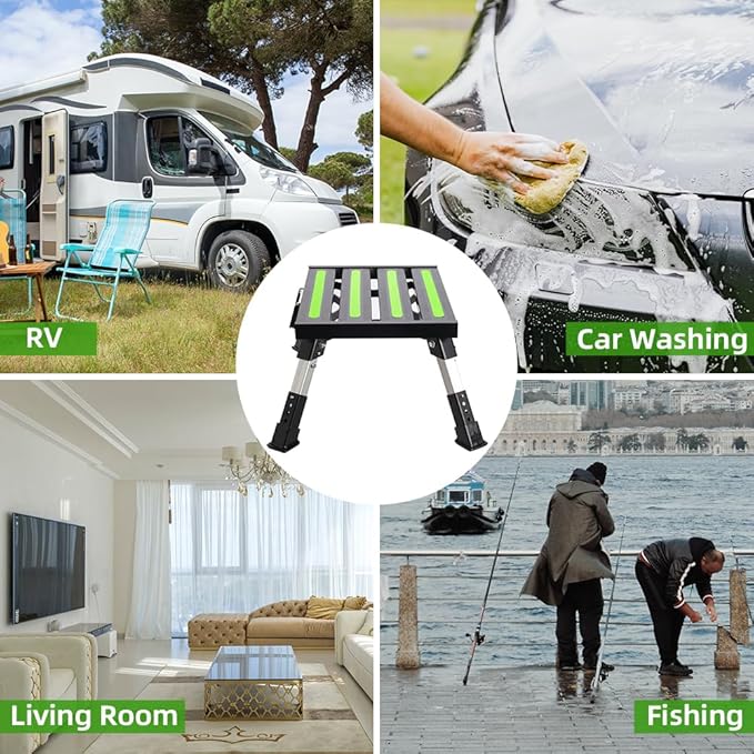 Homeon Wheels RV Step Stool, Adjustable Height Folding Aluminum Platform, Non-Slip Rubber Feet, Reflective Stripe, Handle, RV T Level, 1000 lbs, 16.5" x 12.2", for Trailer, Truck, Outdoor Use, Black