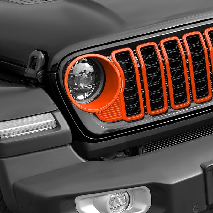 Front Grille Grill Insert+Headlight Turn Light Cover Trim Compatible with 2024-2025+ Jeep Wrangler JL JLU & Gladiator JT Exterior Accessories,Not Fit for JL Sport & Sports (Orange)